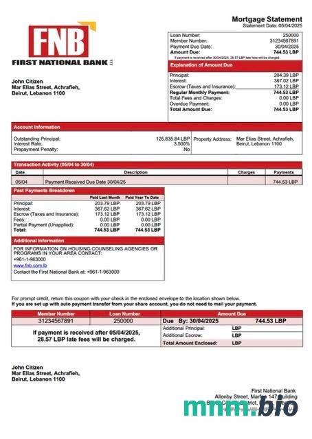 Liban First National Bank wyciąg z kredytu hipotecznego szablon Word i PDF